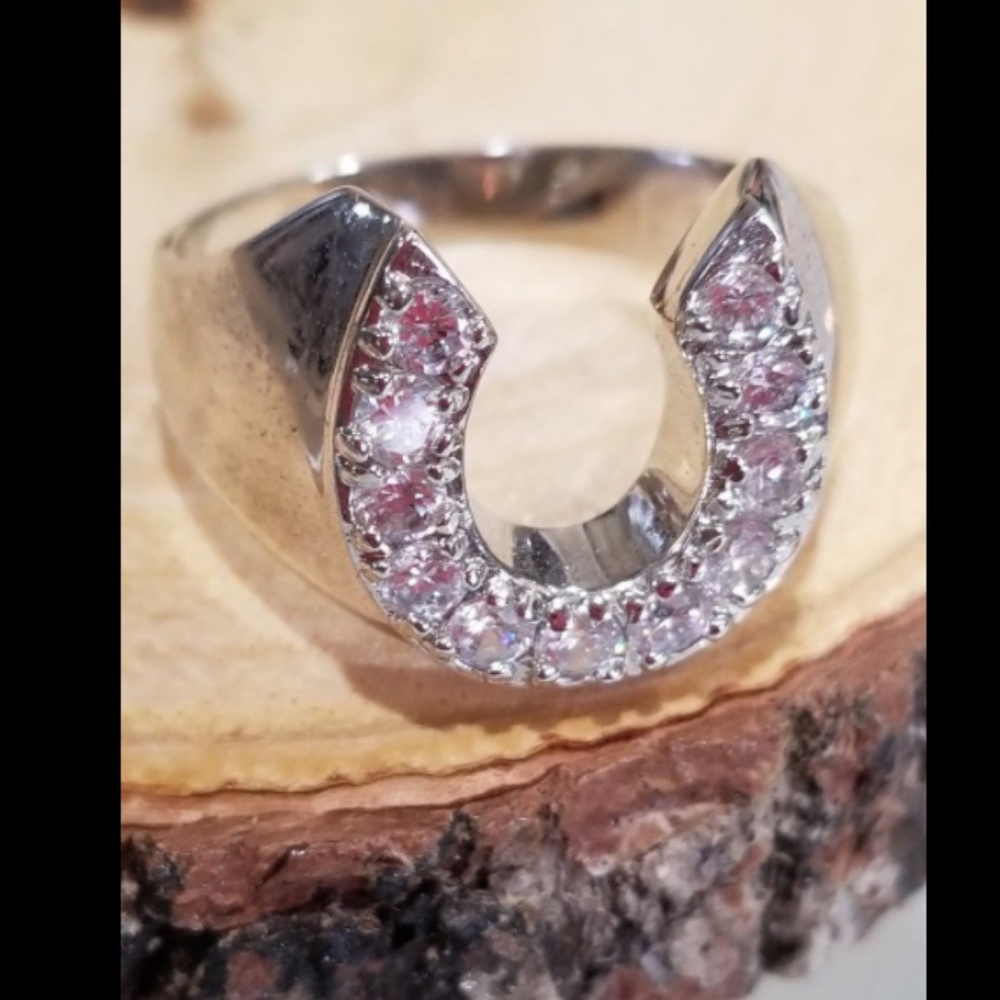 men's  Silver Plated Western Horseshoe Lucky Ring size 13 cubic zirconia *